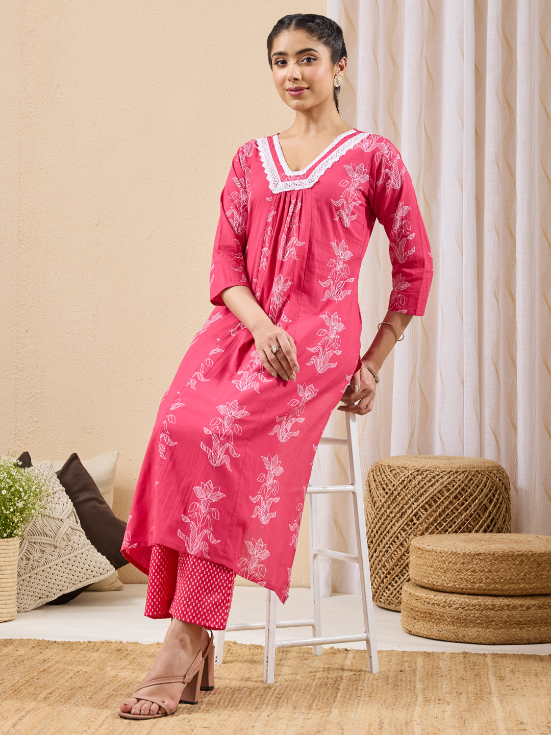 Naari By Shree Women's Pink Pure Cotton Floral Printed A-line Kurta Pant Set