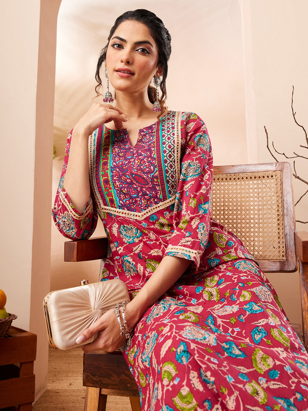 Naari By Shree Women's Pink Pure Cotton Floral Printed Straight Kurta Pant Set