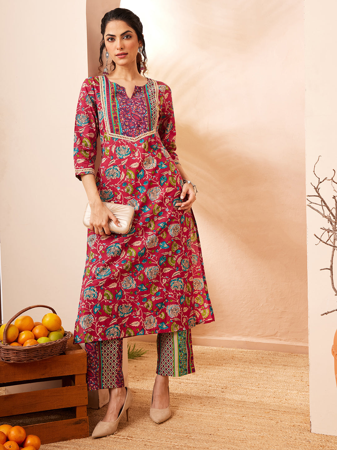 Naari By Shree Women's Pink Pure Cotton Floral Printed Straight Kurta Pant Set