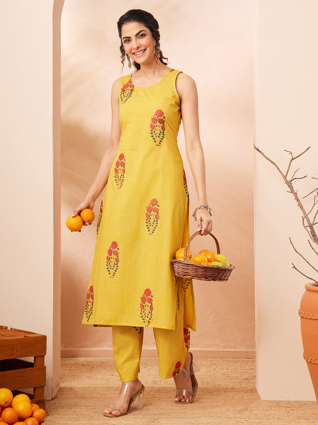 Naari By Shree Women's Yellow Cotton Floral Printed Straight Kurta With Pant Set