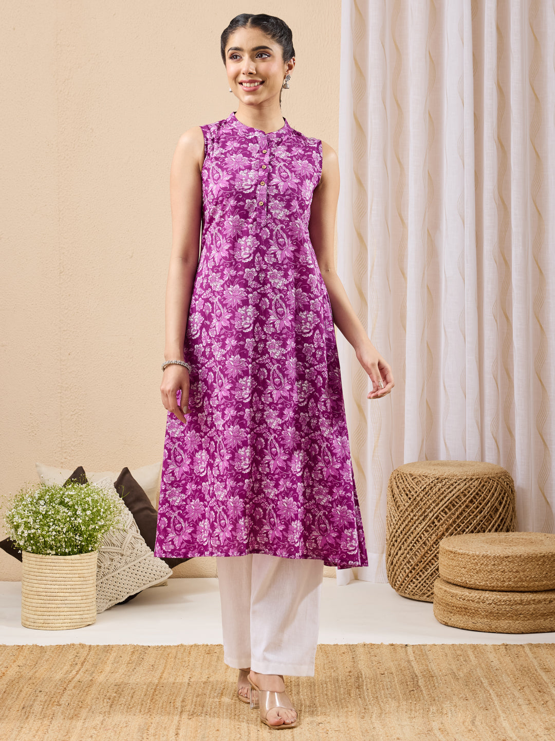 Naari By Shree Women's Purple Pure Cotton Floral Printed A-line Kurta
