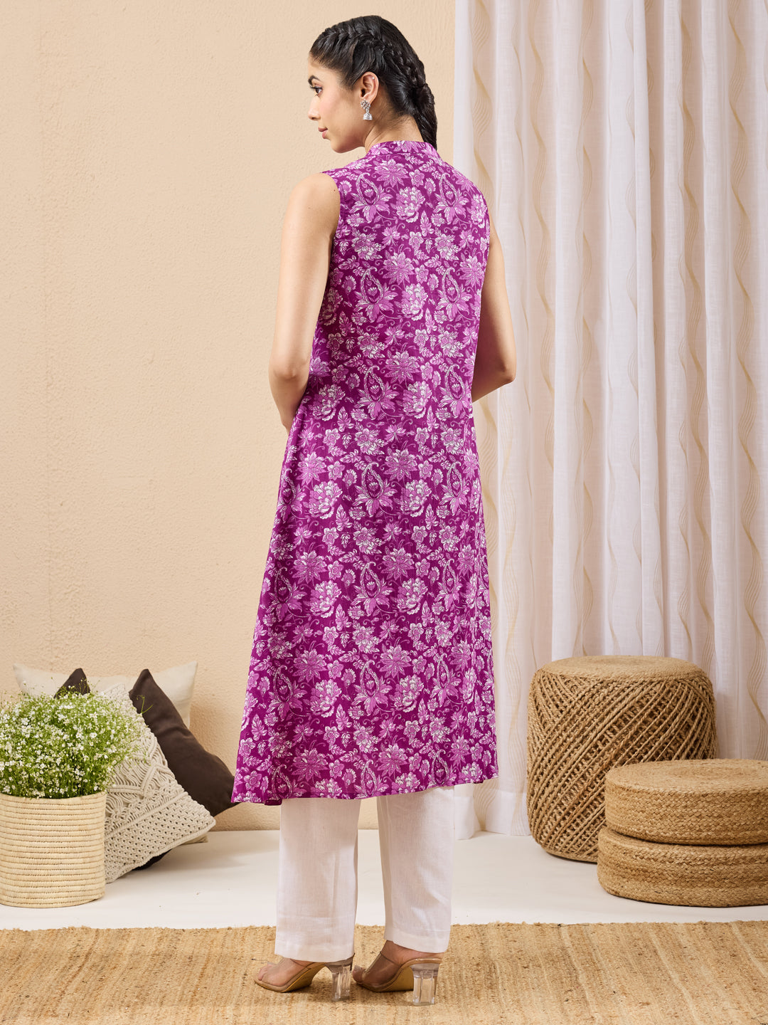 Naari By Shree Women's Purple Pure Cotton Floral Printed A-line Kurta