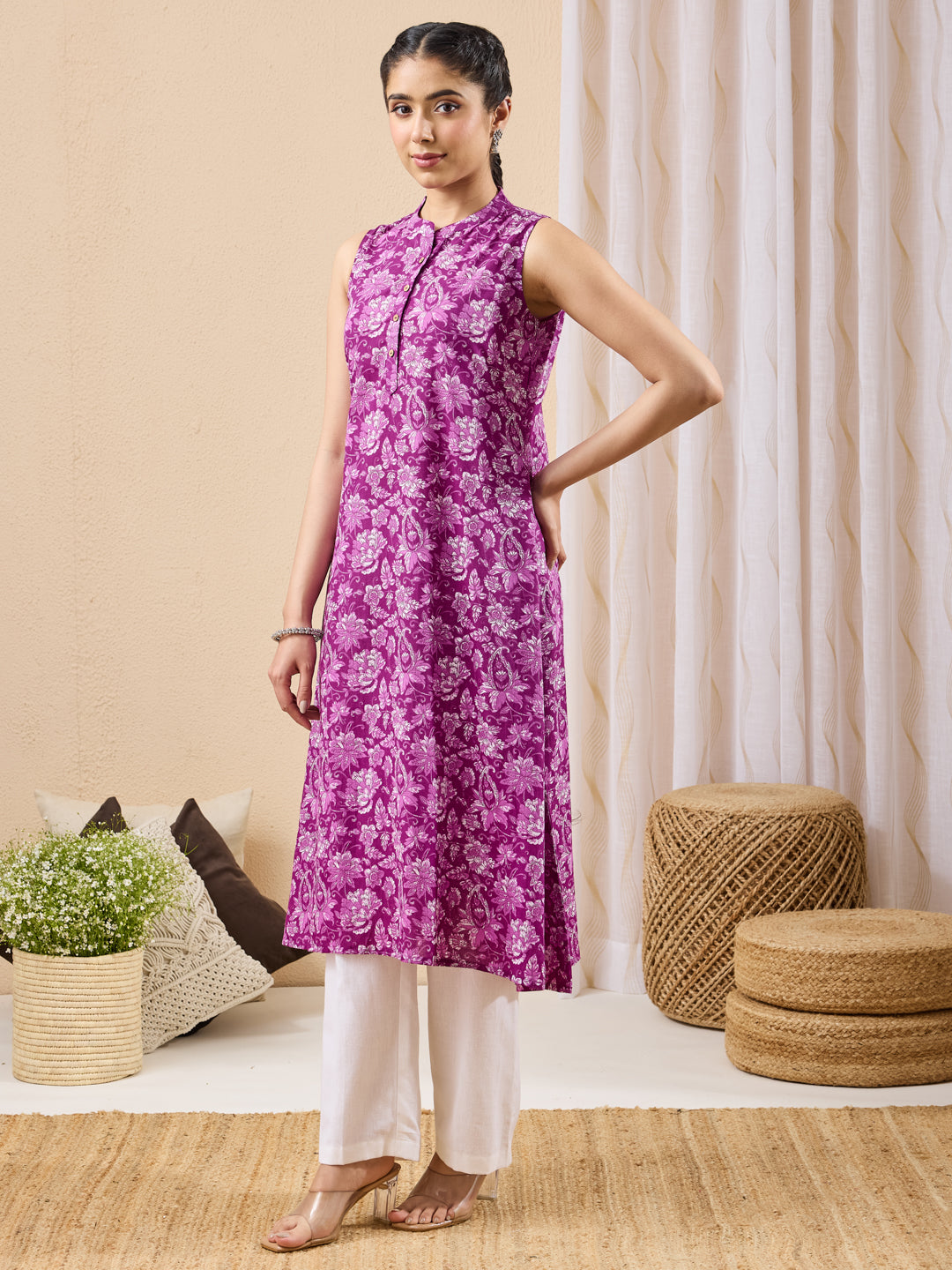 Naari By Shree Women's Purple Pure Cotton Floral Printed A-line Kurta