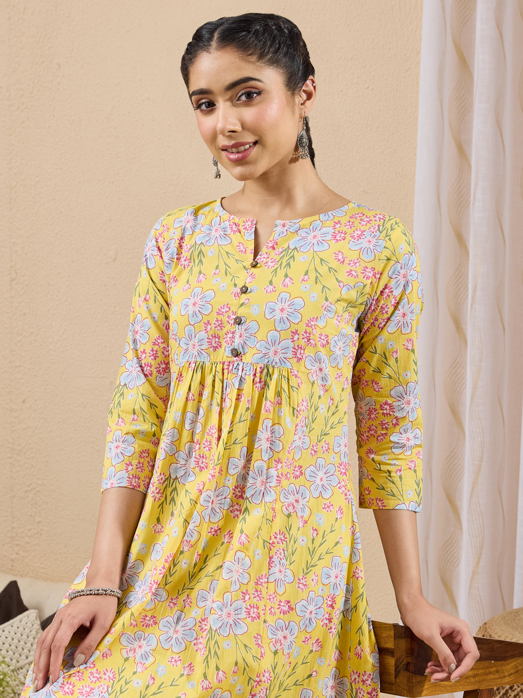 Naari By Shree Women's Yellow Pure Cotton Floral Printed A-line Kurta