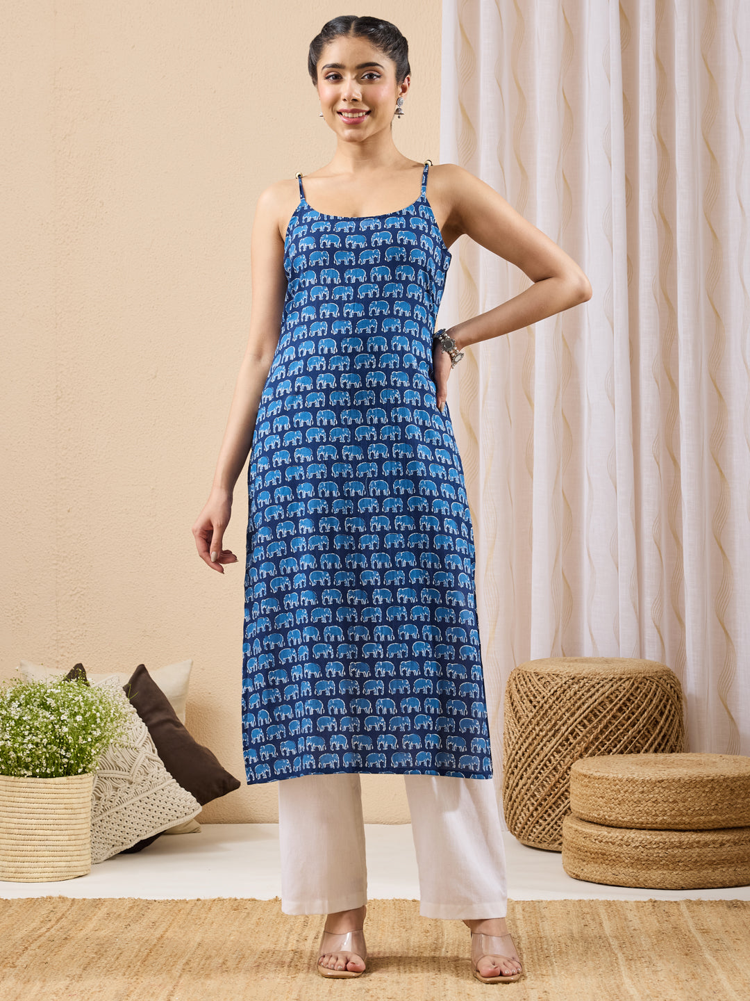 Naari By Shree Women's Indigo Pure Cotton Animal Printed Straight Kurta