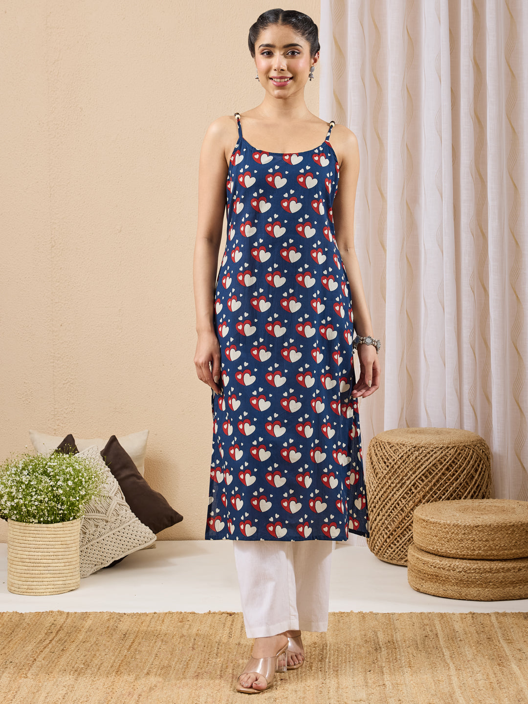 Naari By Shree Women's Dark Blue Pure Cotton Printed Straight Kurta