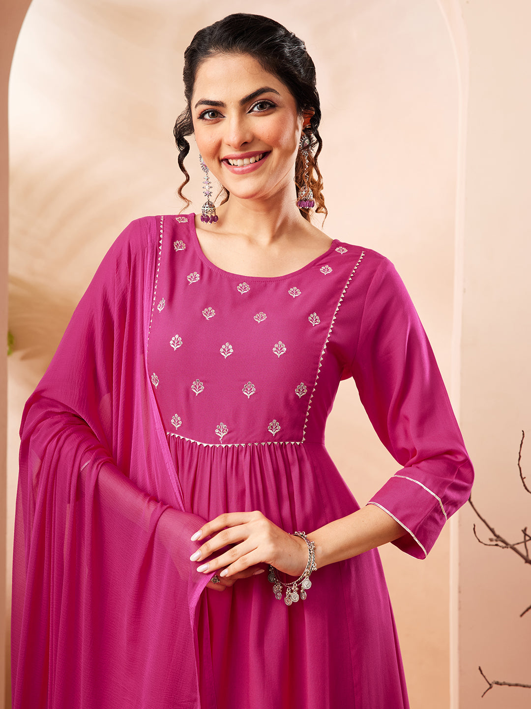 Naari By Shree Women's Pink Rayon Yoke Embroidered A-line Kurta Set
