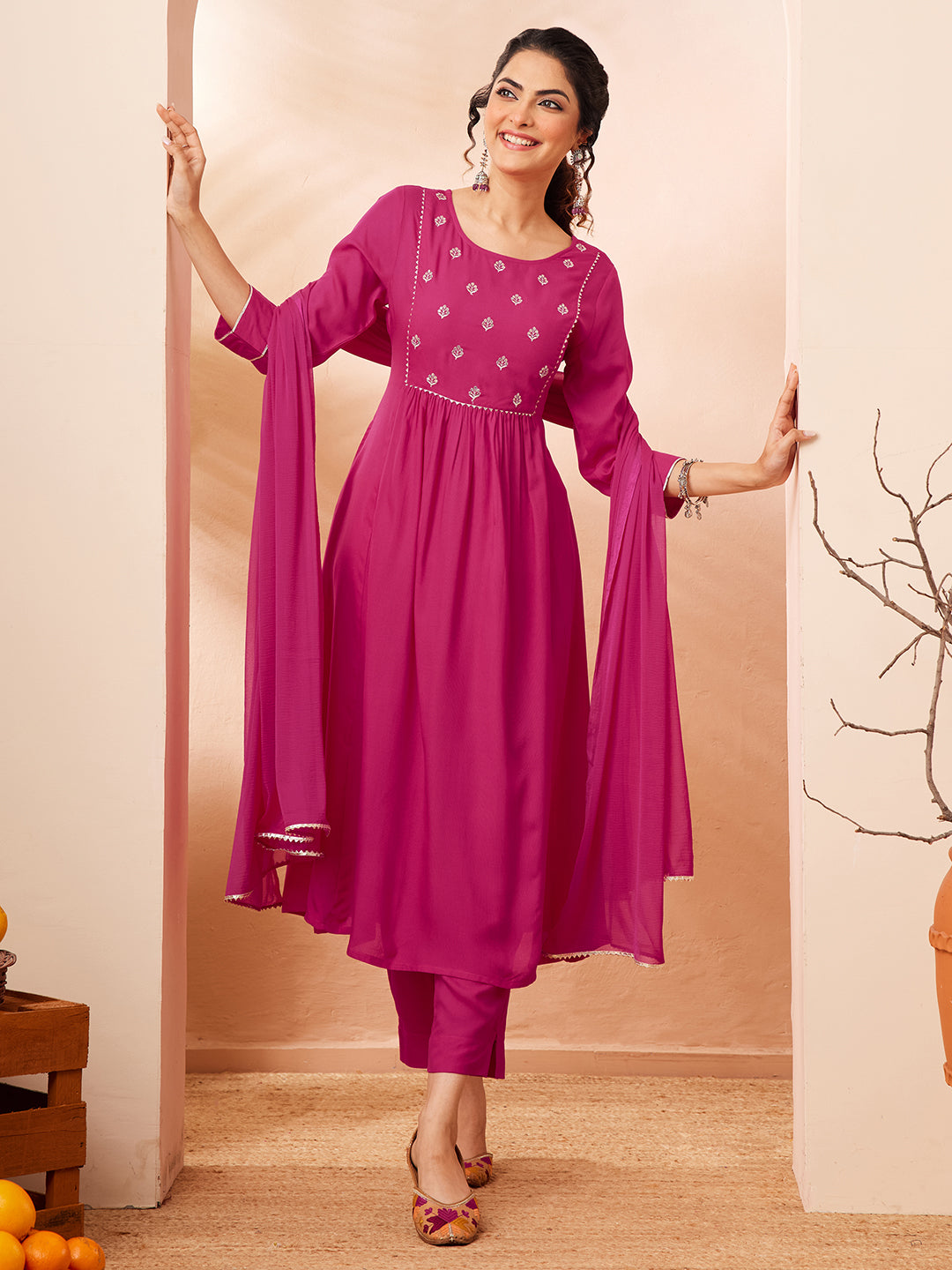 Naari By Shree Women's Pink Rayon Yoke Embroidered A-line Kurta Set