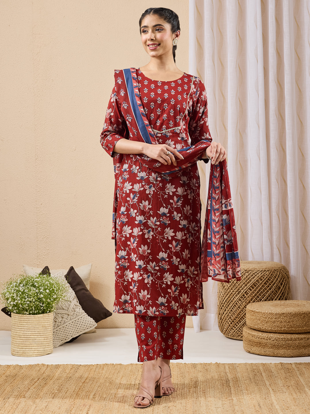 Naari By Shree Women's Maroon Pure Cotton Floral Printed Straight Kurta Set