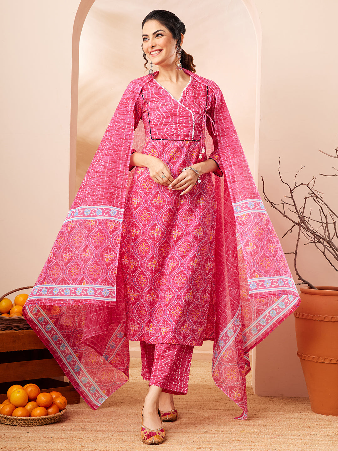 Naari By Shree Women's Pink Pure Cotton Bandhani Printed Kurta Set
