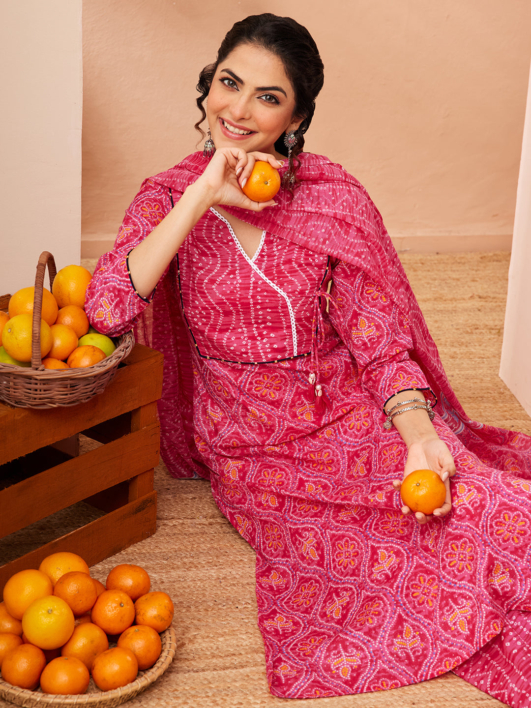 Naari By Shree Women's Pink Pure Cotton Bandhani Printed Kurta Set