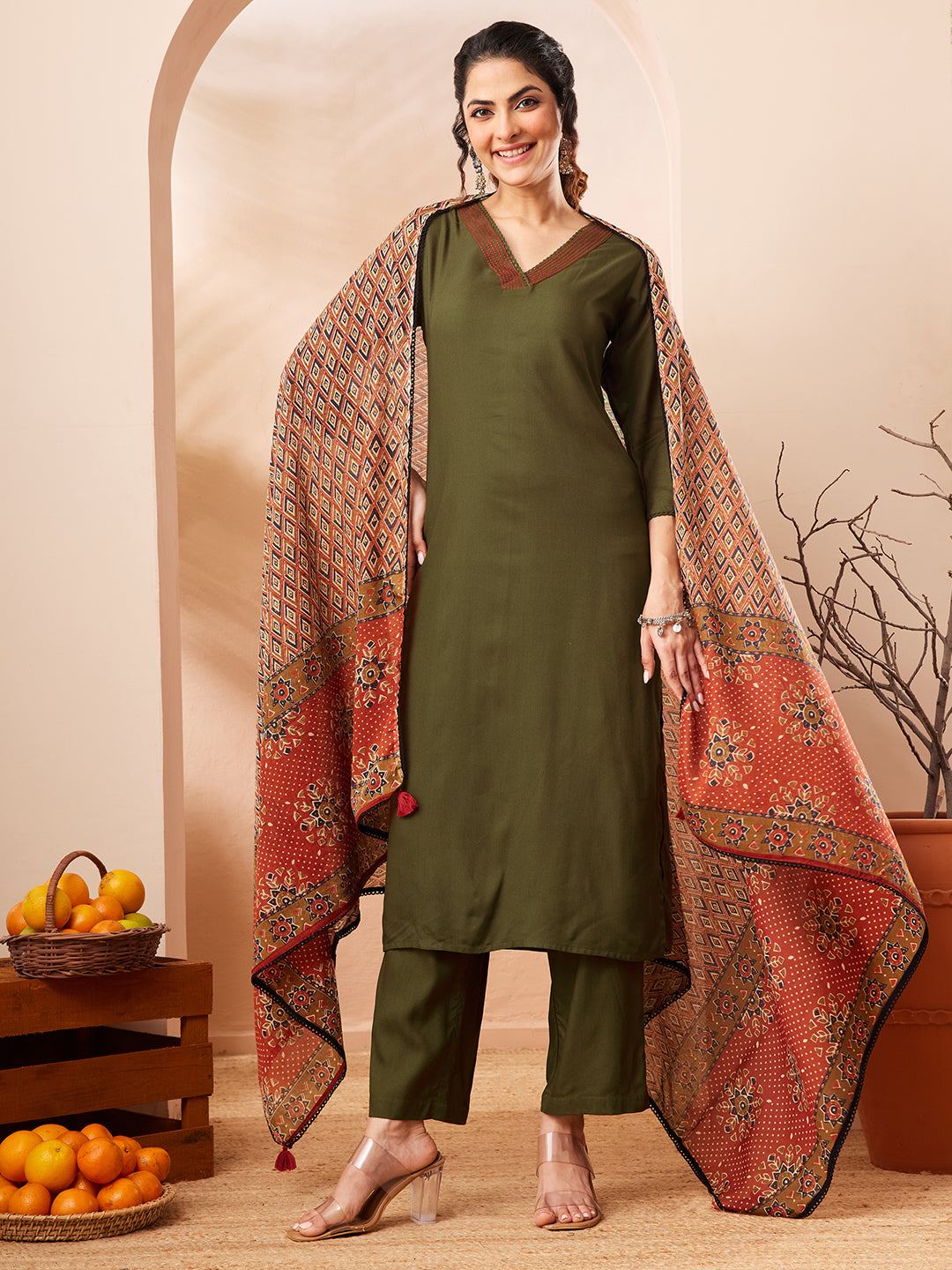 Naari By Shree Women's Olive Green Rayon Slub Straight Kurta Set With Printed Dupatta