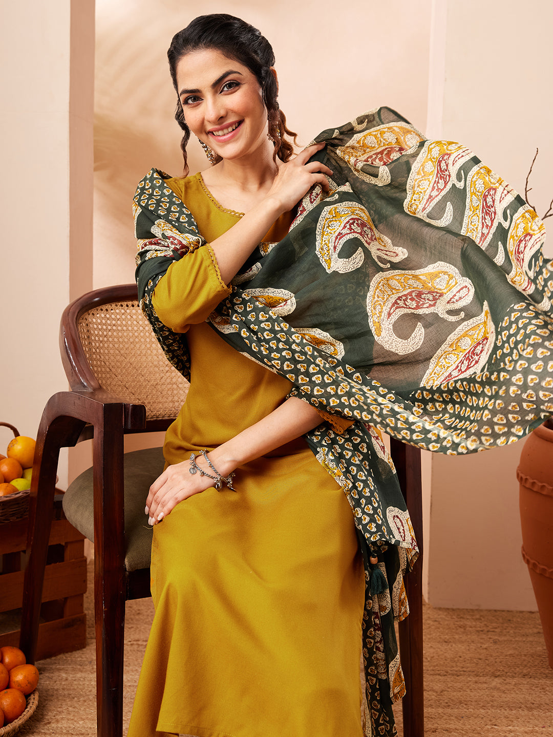 Naari By Shree Women's Mustard Rayon Solid Straight Kurta Set