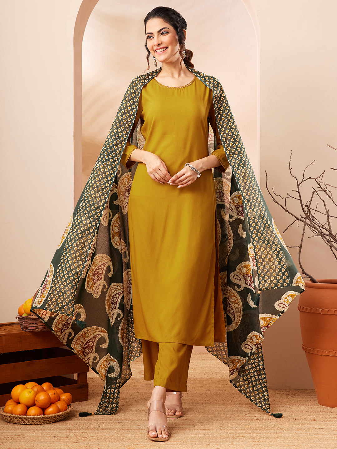 Naari By Shree Women's Mustard Rayon Solid Straight Kurta Set
