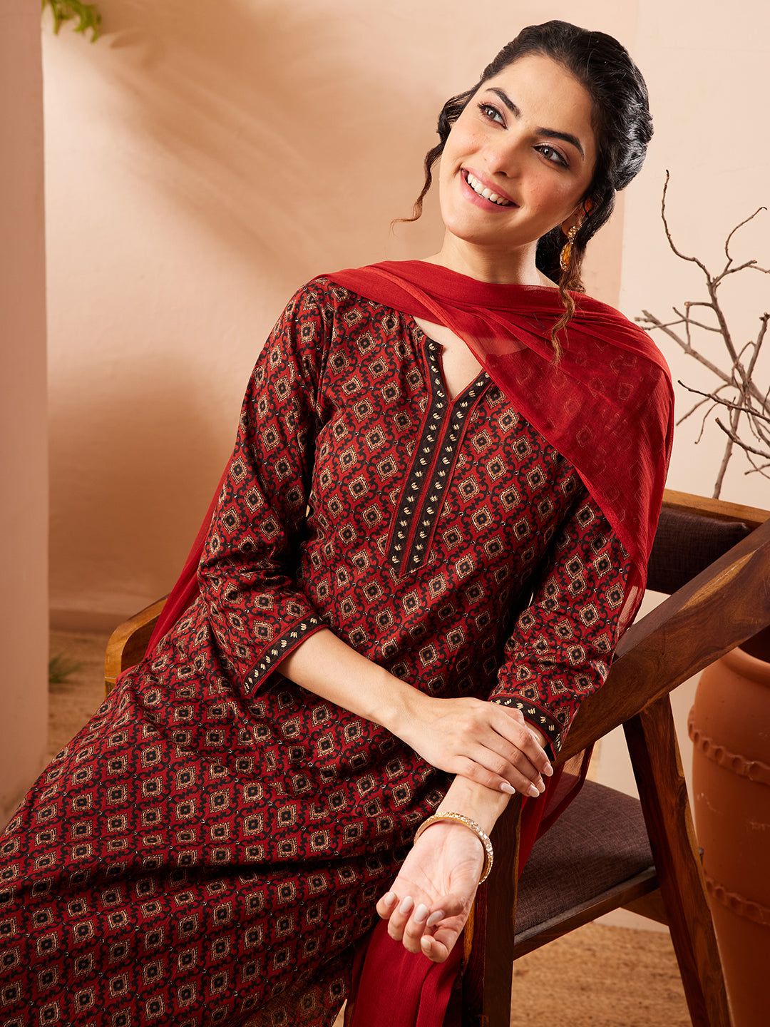 Naari By Shree Women's Rust Pure Cotton Ethnic Motifs Printed Straight Kurta Set