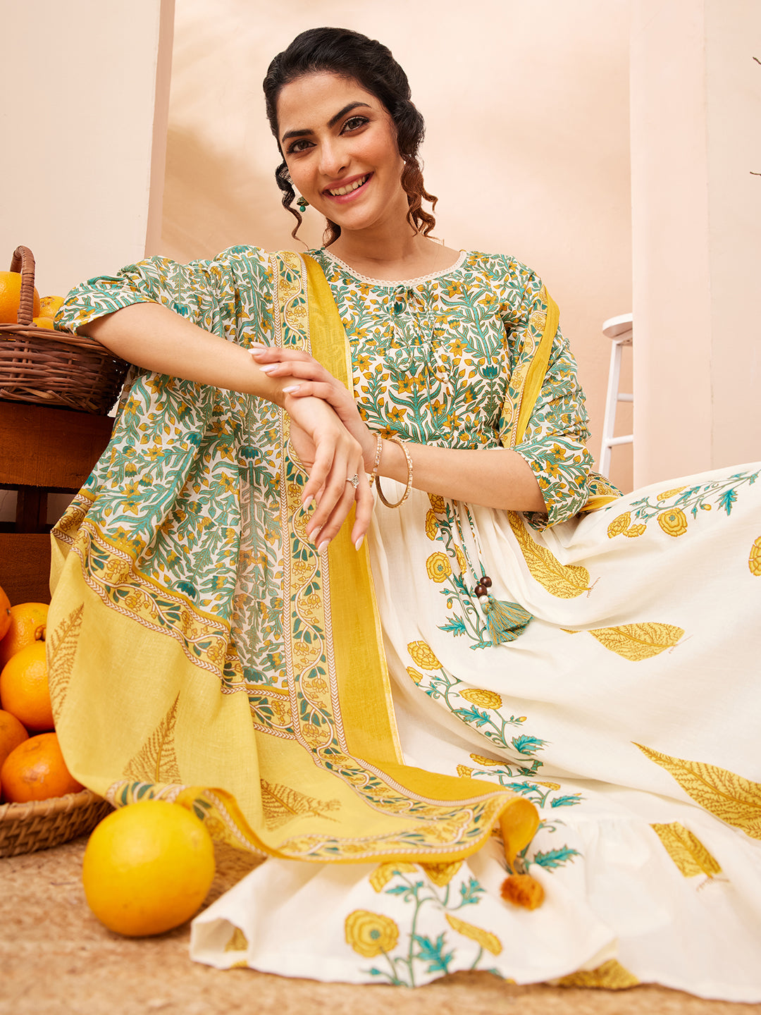 Naari By Shree Women's Off White Pure Cotton Floral Printed Flared A-line Kurta Set