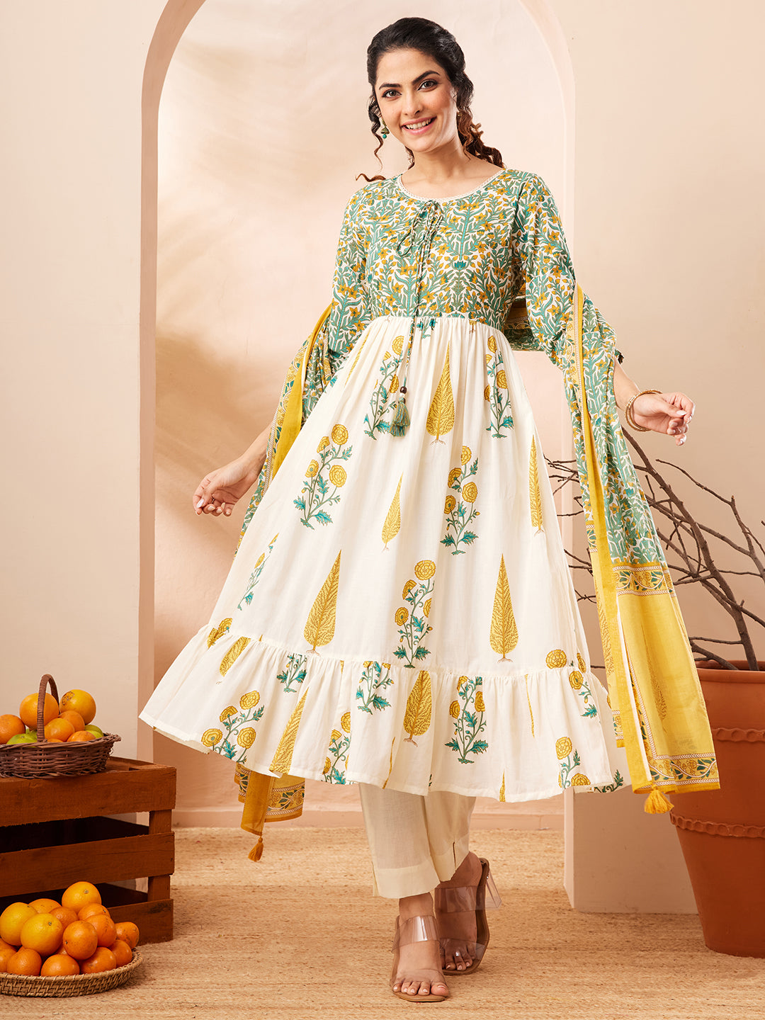 Naari By Shree Women's Off White Pure Cotton Floral Printed Flared A-line Kurta Set