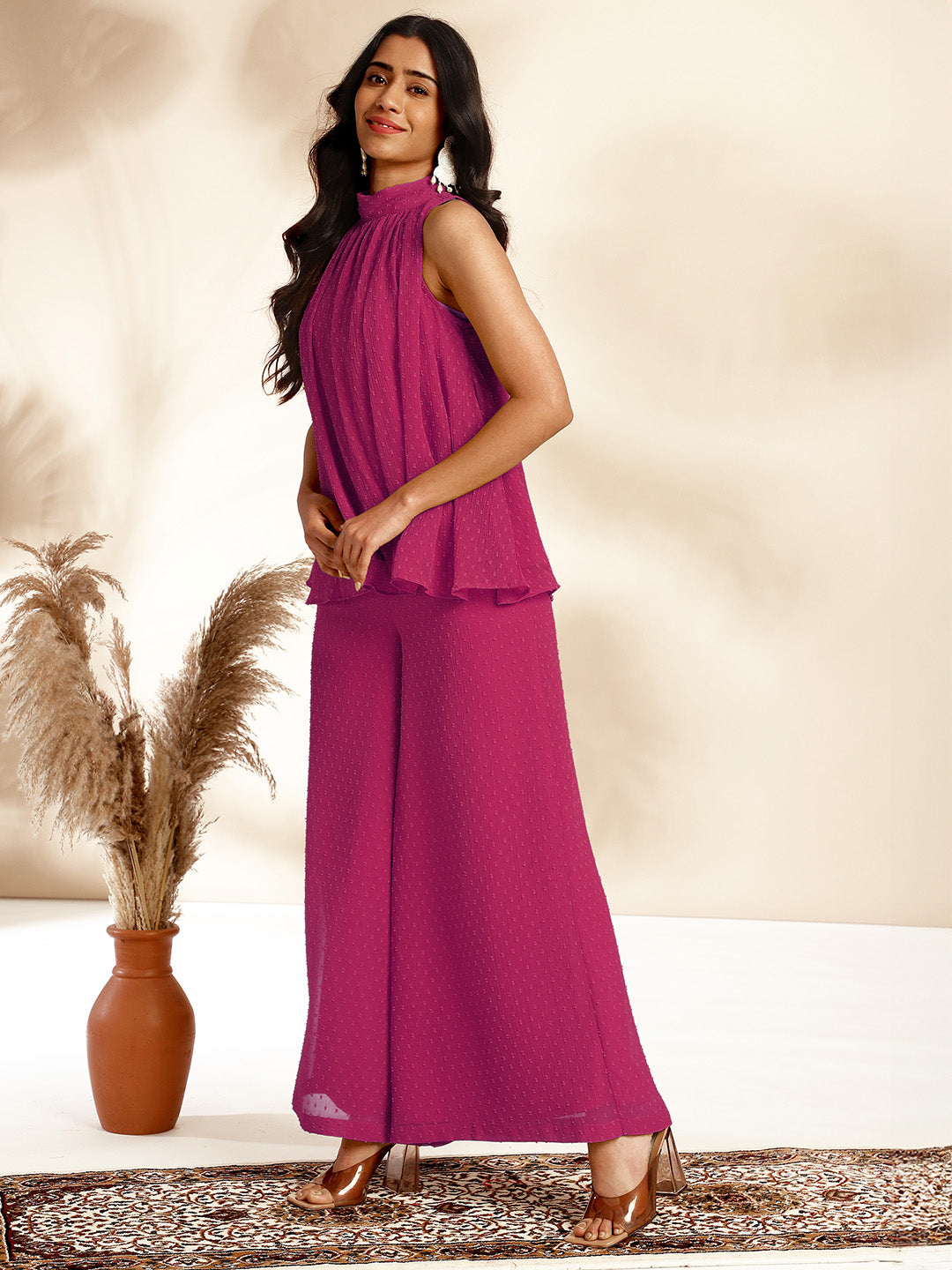 Naari By Shree Pink Chiffon Woven Design Gathered Co-Ord Set