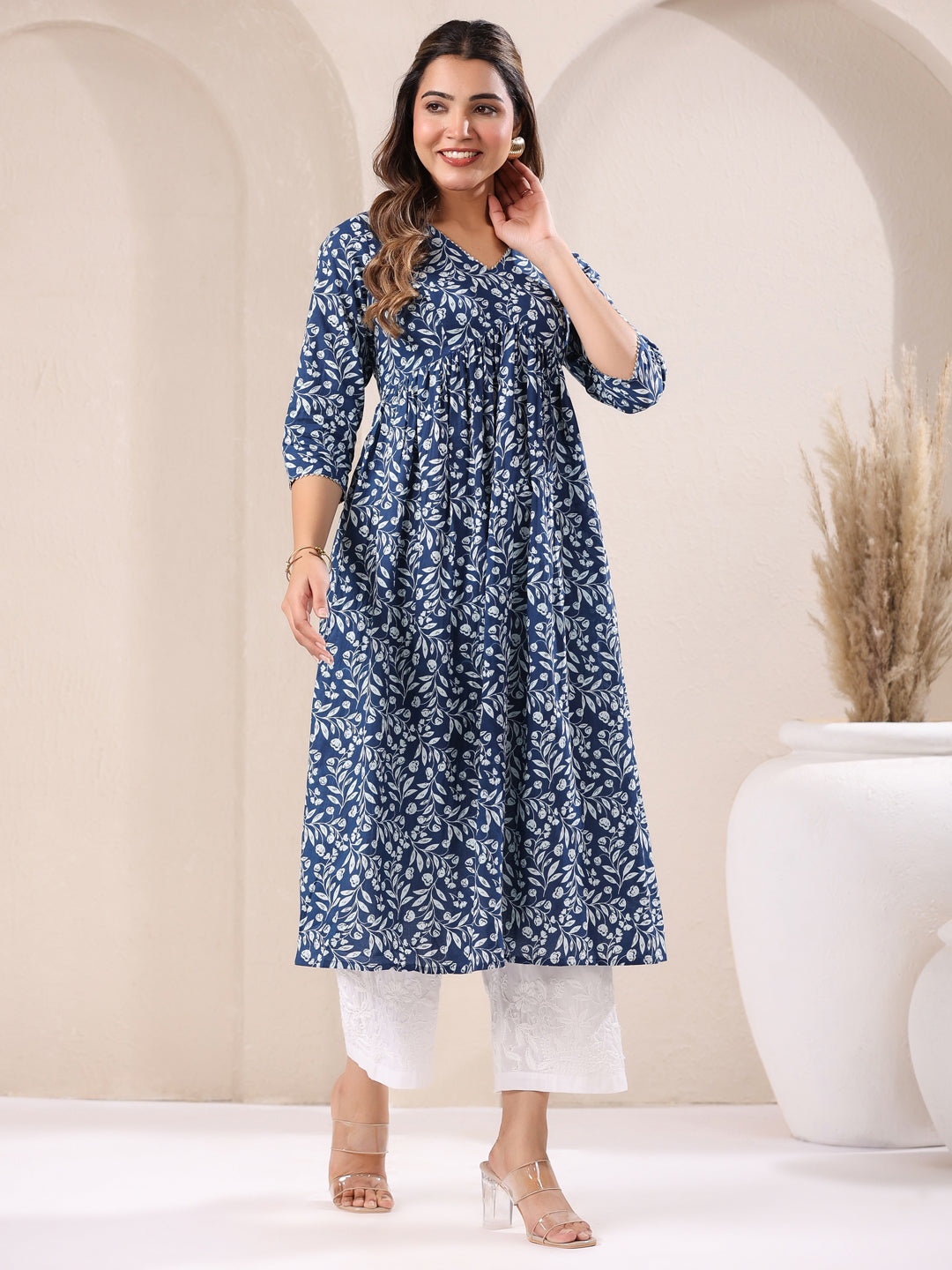 Naari By Shree Blue Pure Cotton Floral Printed A-Line Kurta