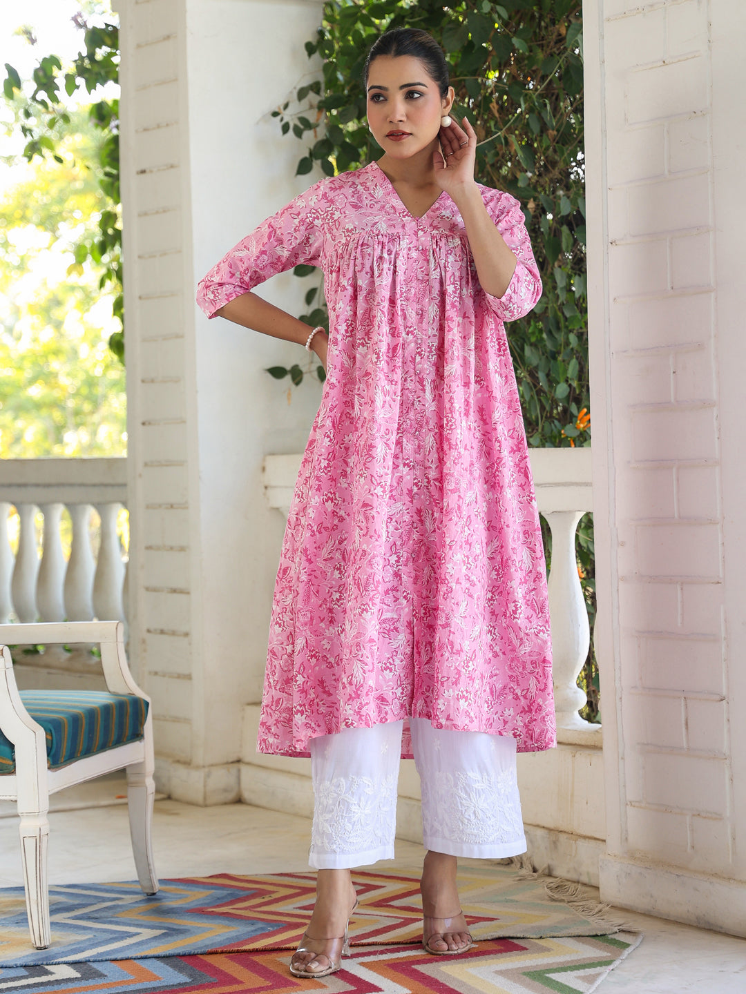 Naari By Shree Pink Pure Cotton Floral Printed Empire Kurta
