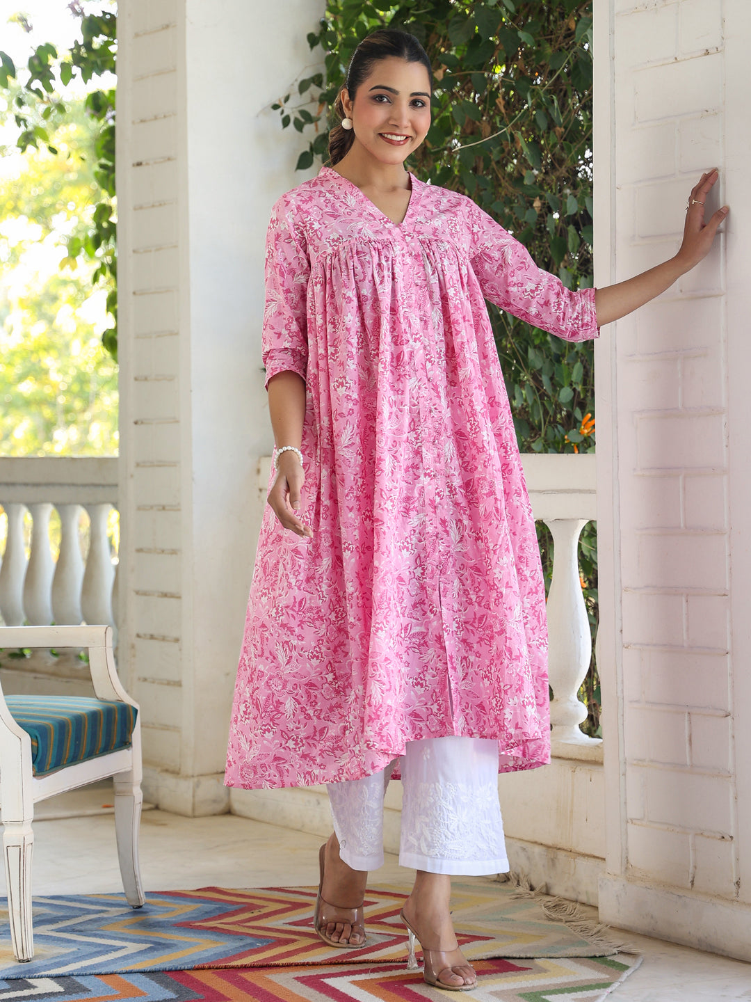 Naari By Shree Pink Pure Cotton Floral Printed Empire Kurta