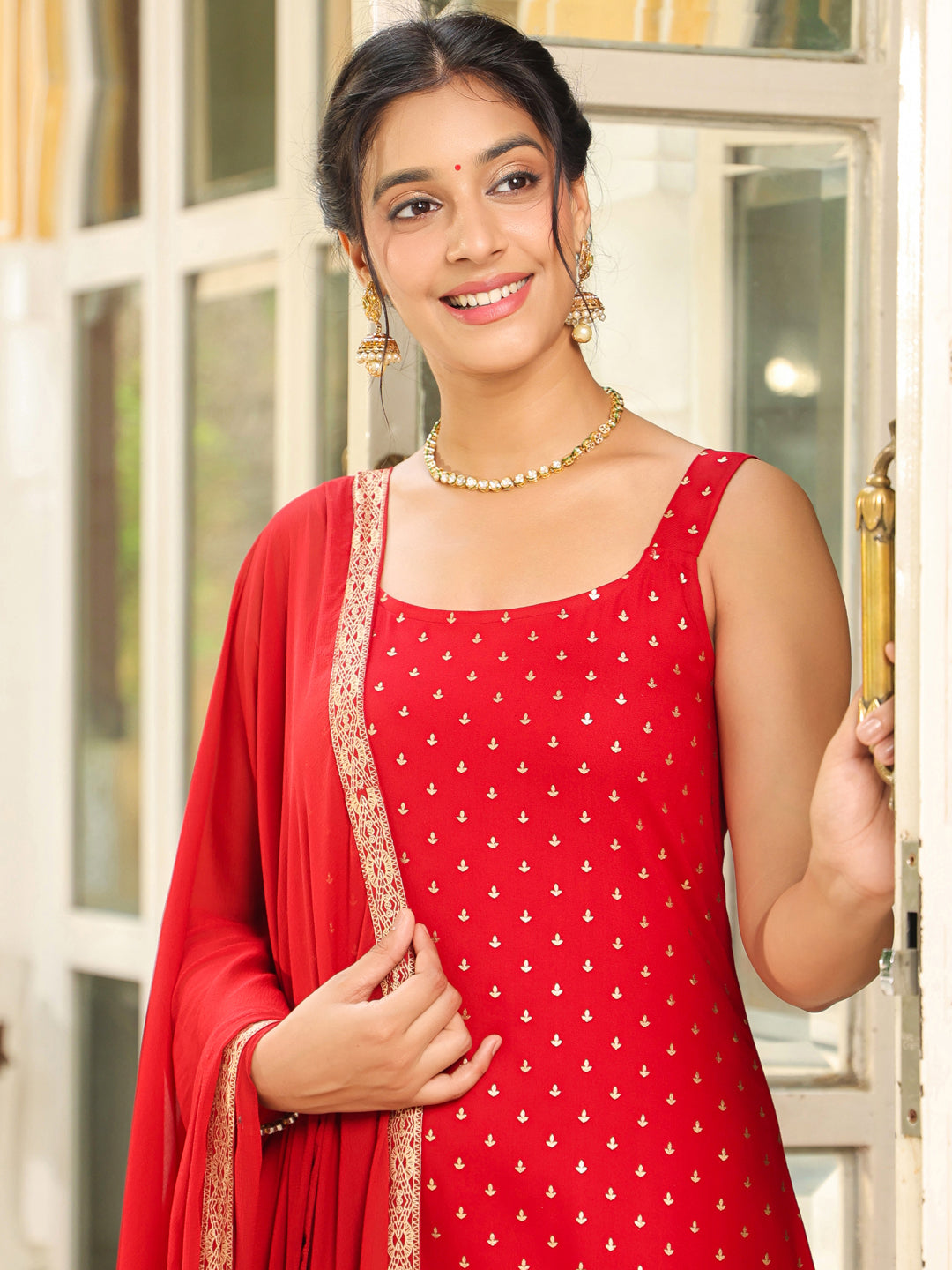 Naari By Shree Maroon Rayon Foil Printed Straight Kurta Set