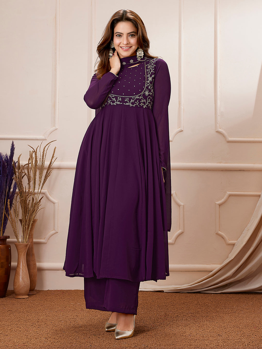 Naari By Shree Purple Georgette Embroidered Anarkali Palazzo Set