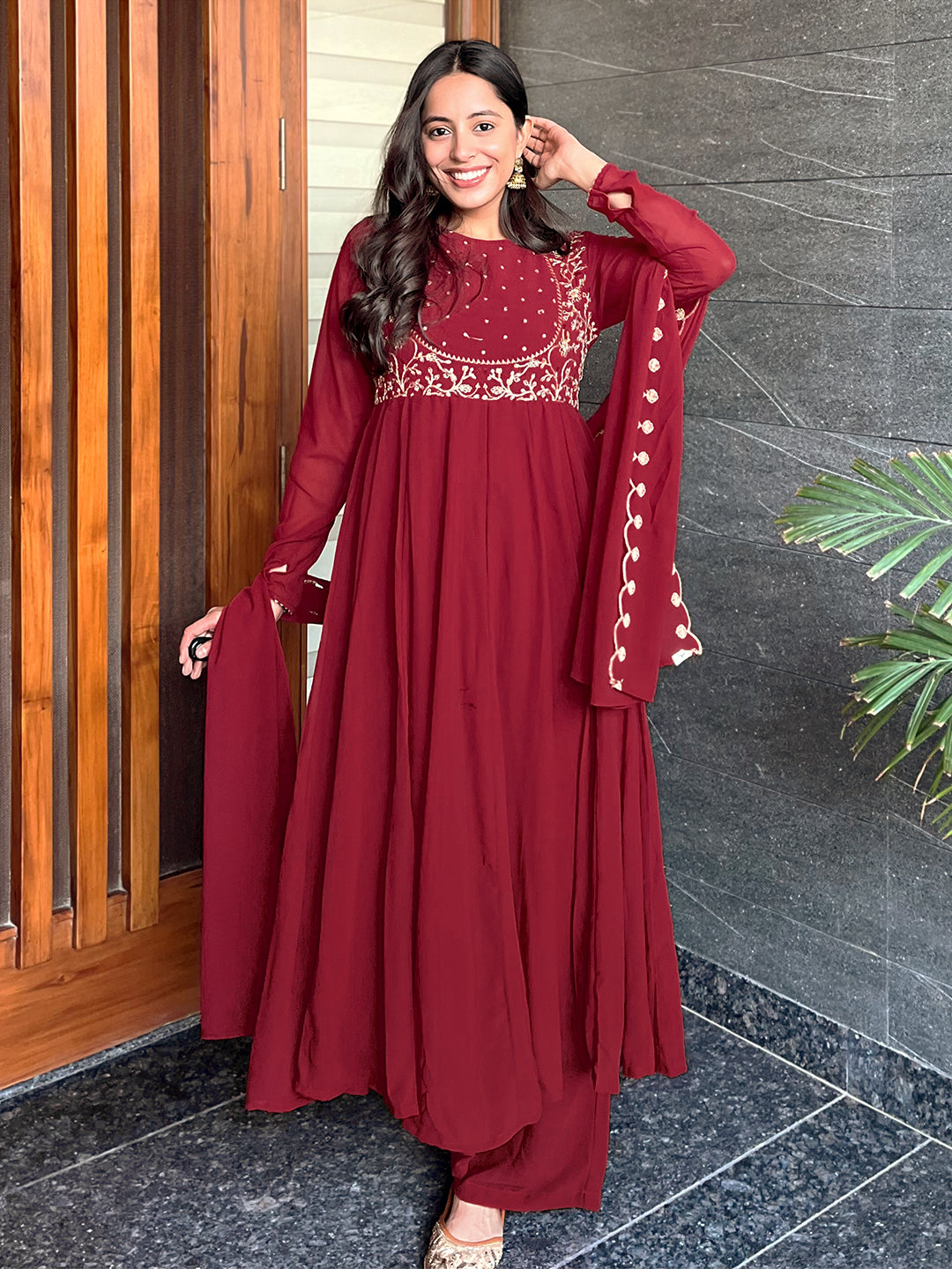 Naari By Shree Maroon Georgette Embroidered Anarkali Kurta Set