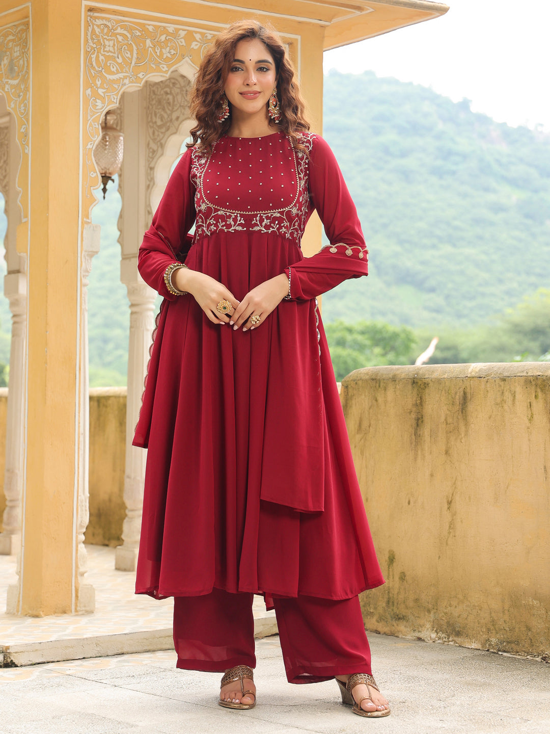 Naari By Shree Maroon Georgette Embroidered Anarkali Kurta Set