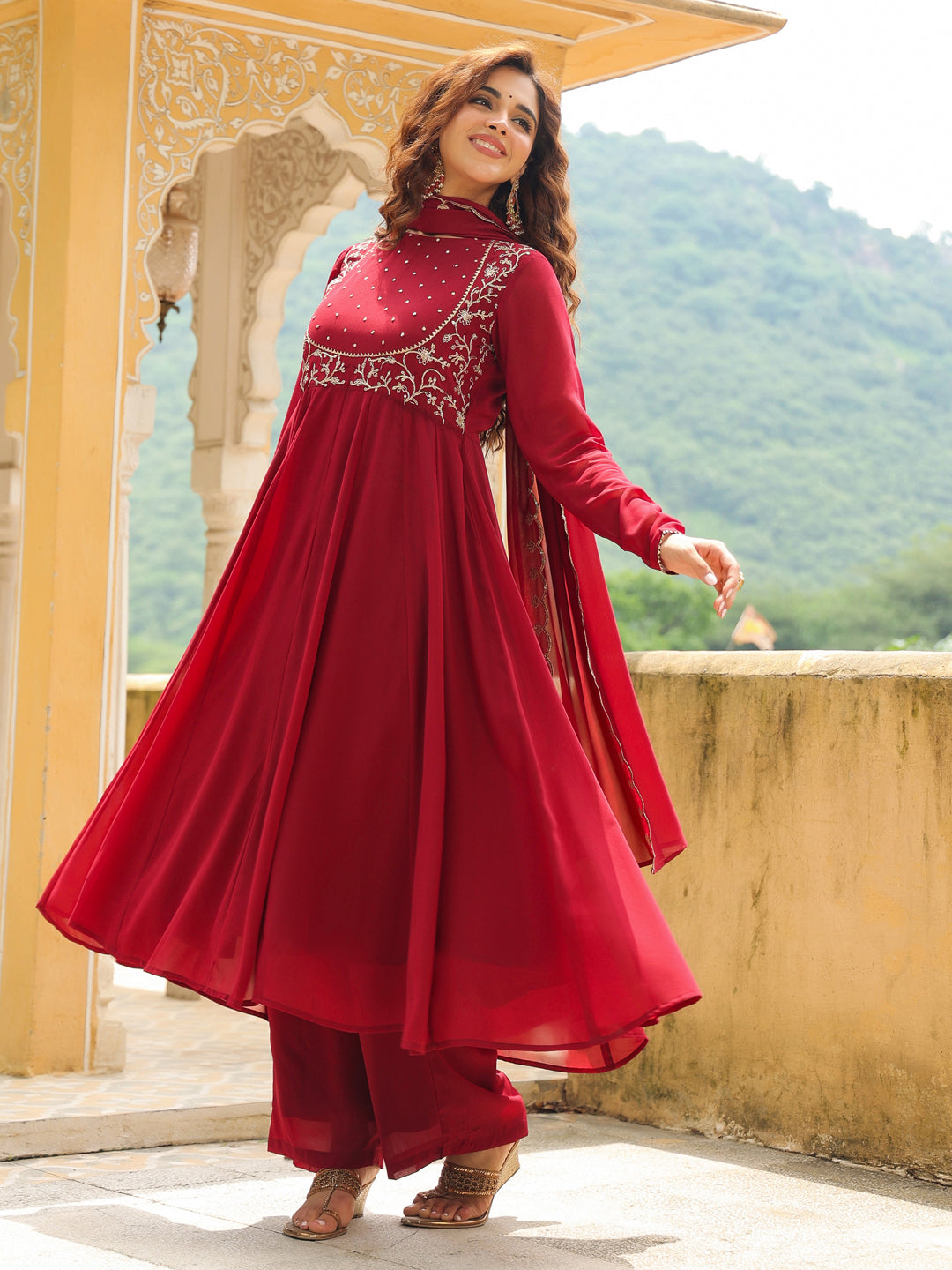 Naari By Shree Maroon Georgette Embroidered Anarkali Kurta Set