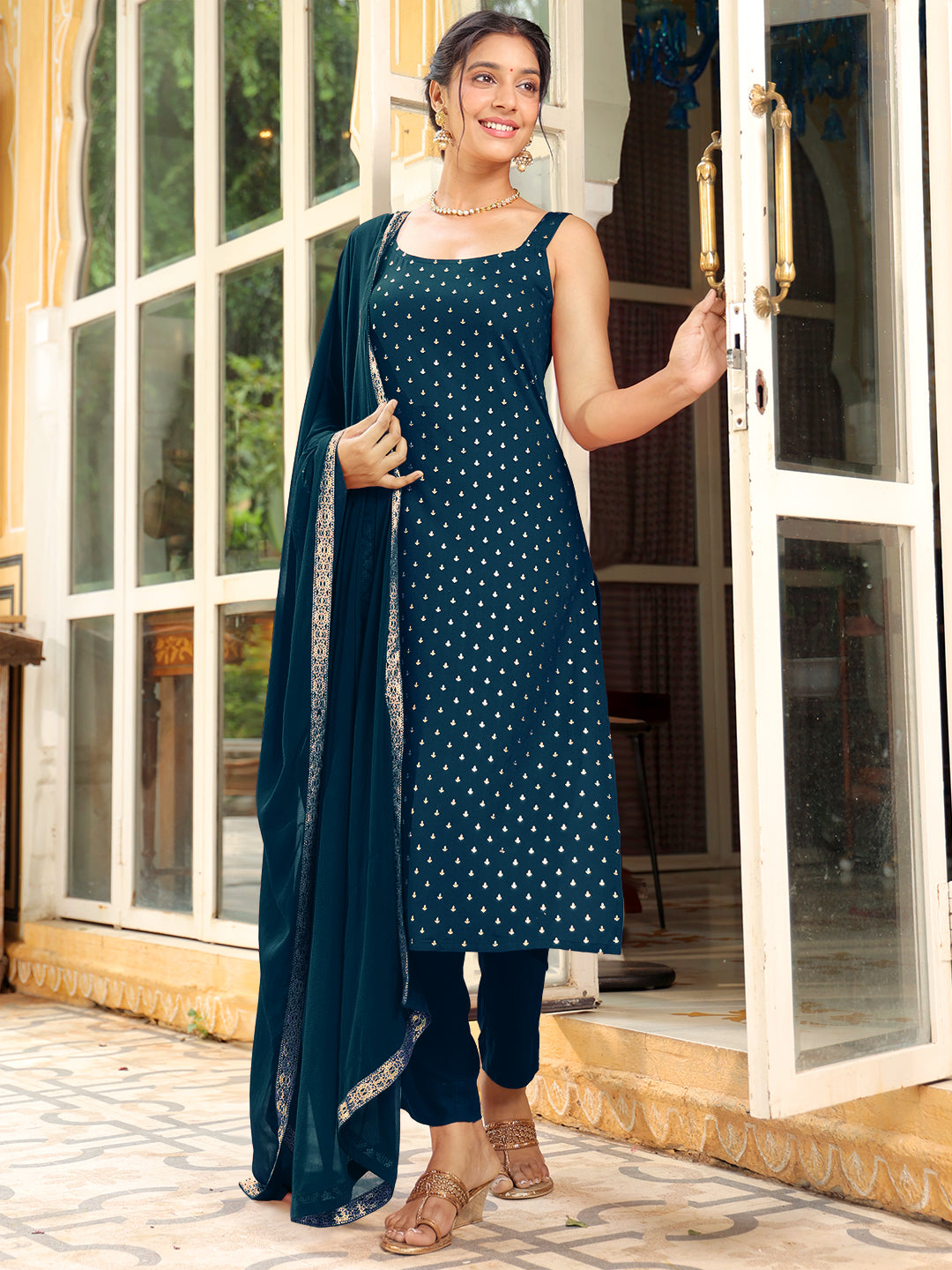 Naari By Shree Women's Teal Blue Rayon Foil Printed Straight Kurta Set