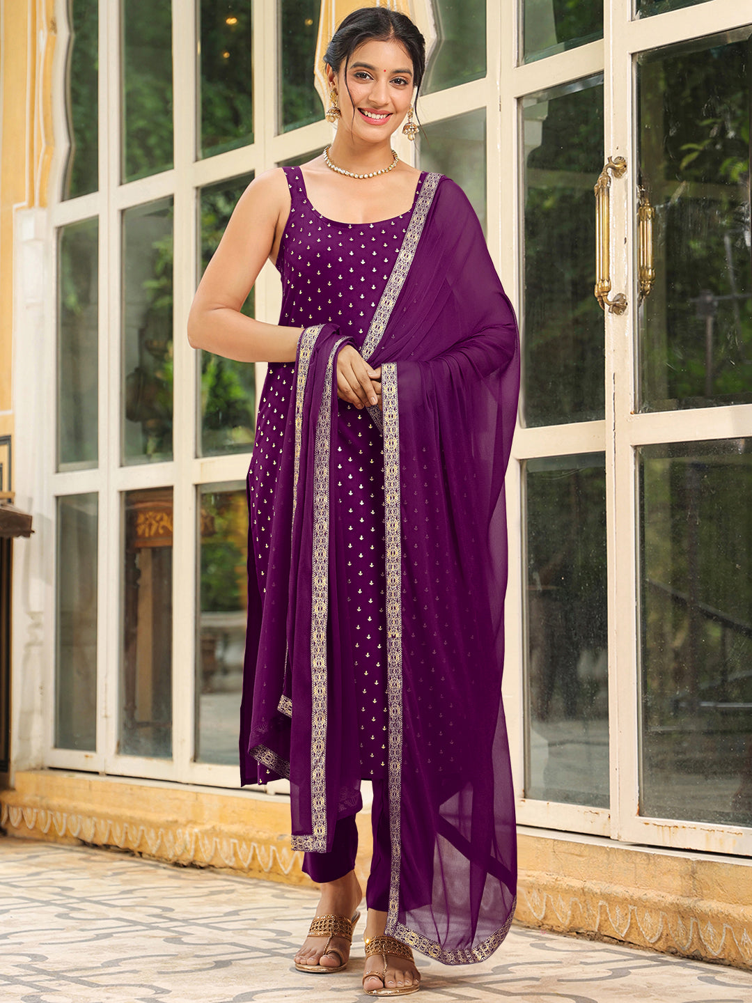 Naari By Shree Purple Rayon Foil Printed Straight Kurta Set