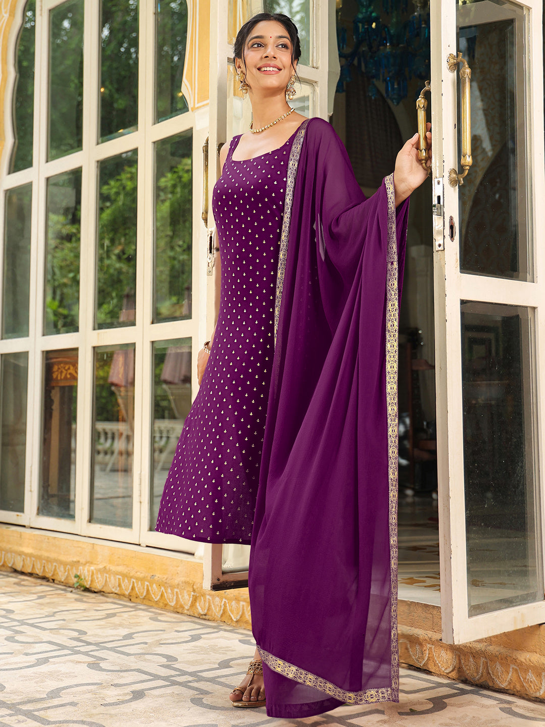 Naari By Shree Purple Rayon Foil Printed Straight Kurta Set