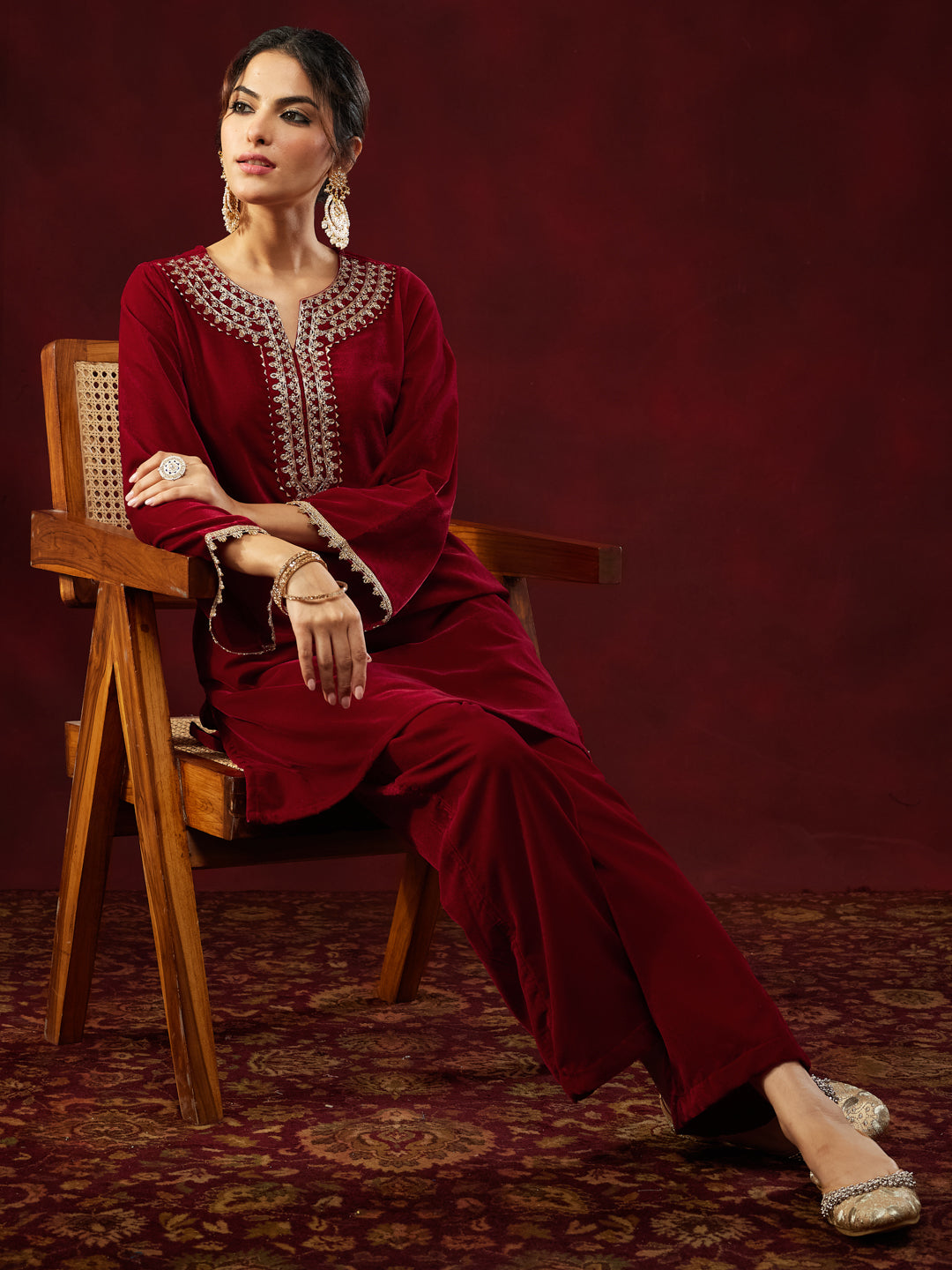 Naari By Shree Women's Maroon Velvet Zari Yoke Embroidered Straight Co-ord Set