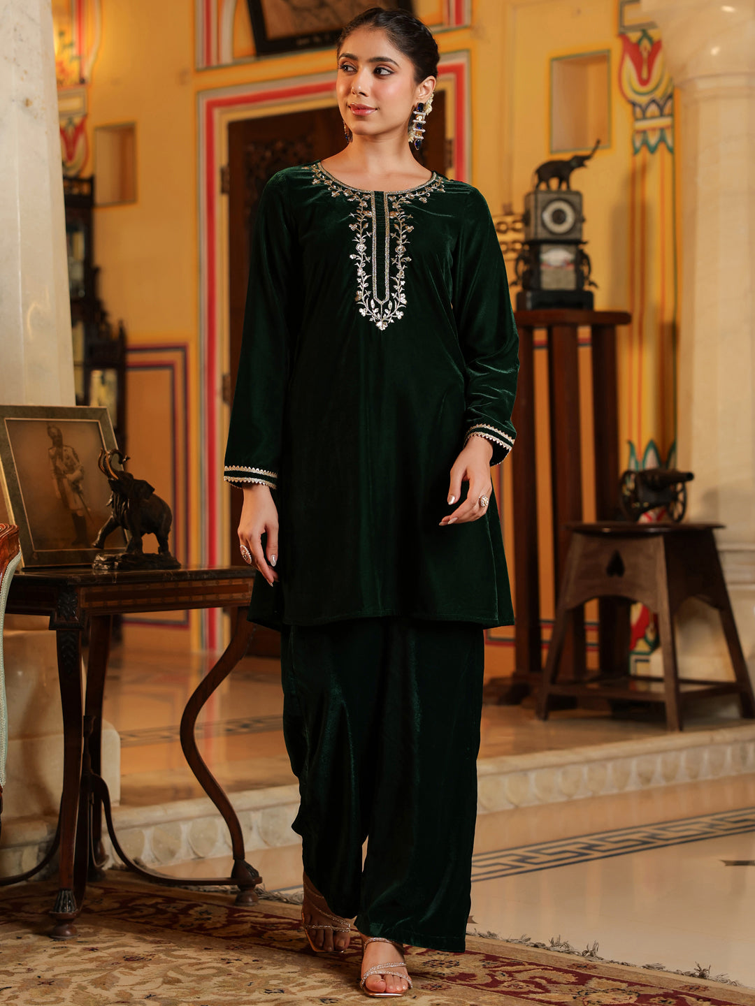 Naari By Shree Women's Bottle Green Velvet Yoke Embroidered Straight Co-ord Set