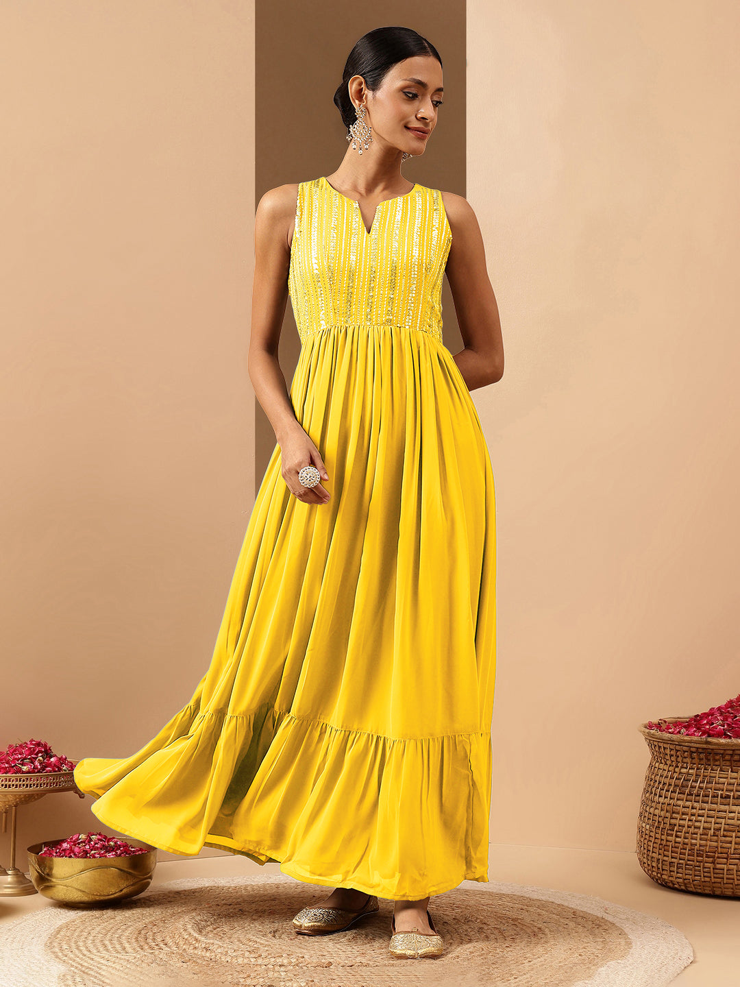 Naari By Shree Women's Yellow Georgette Sequined Gathered Flared Gown