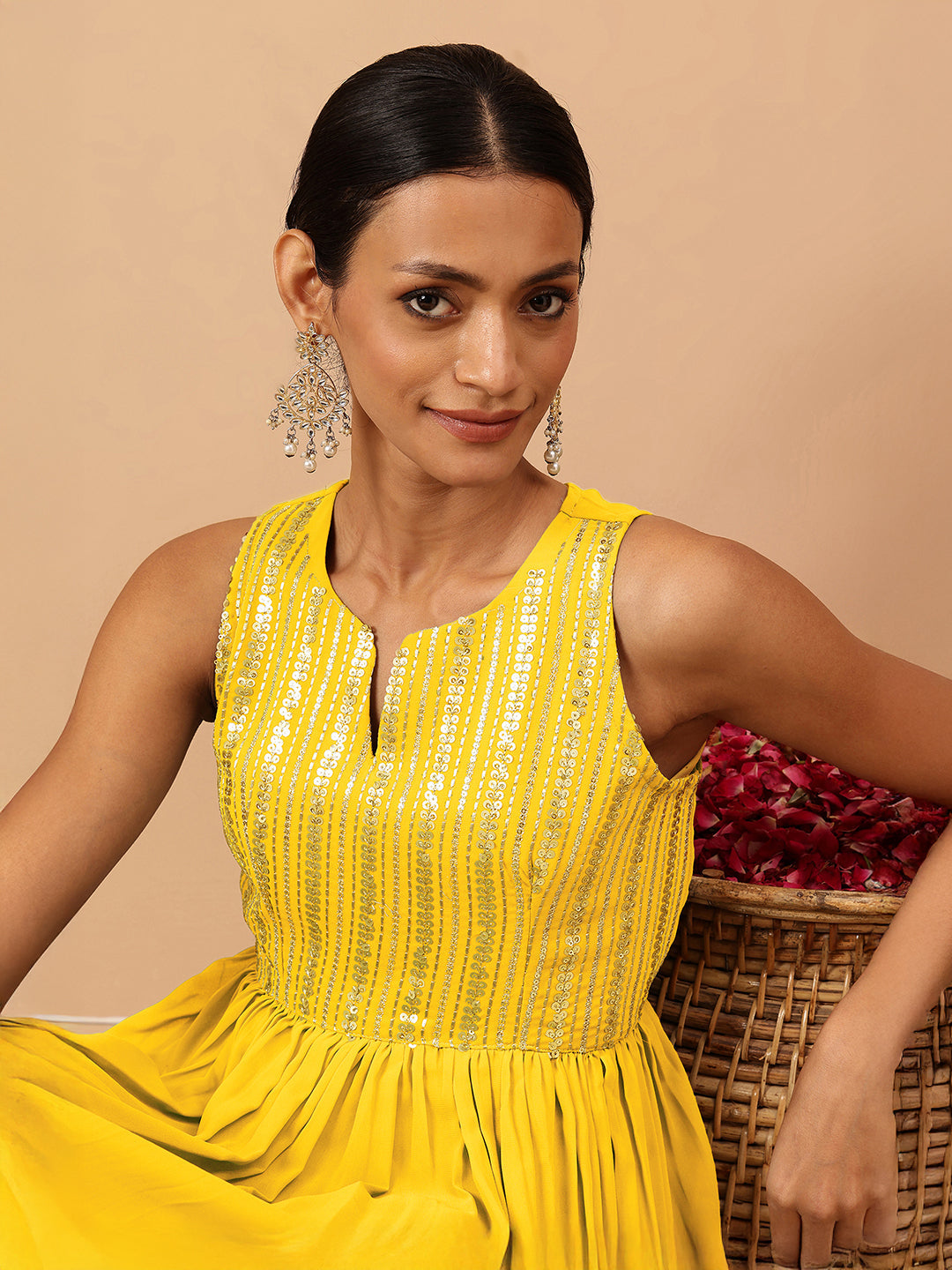 Naari By Shree Women's Yellow Georgette Sequined Gathered Flared Gown