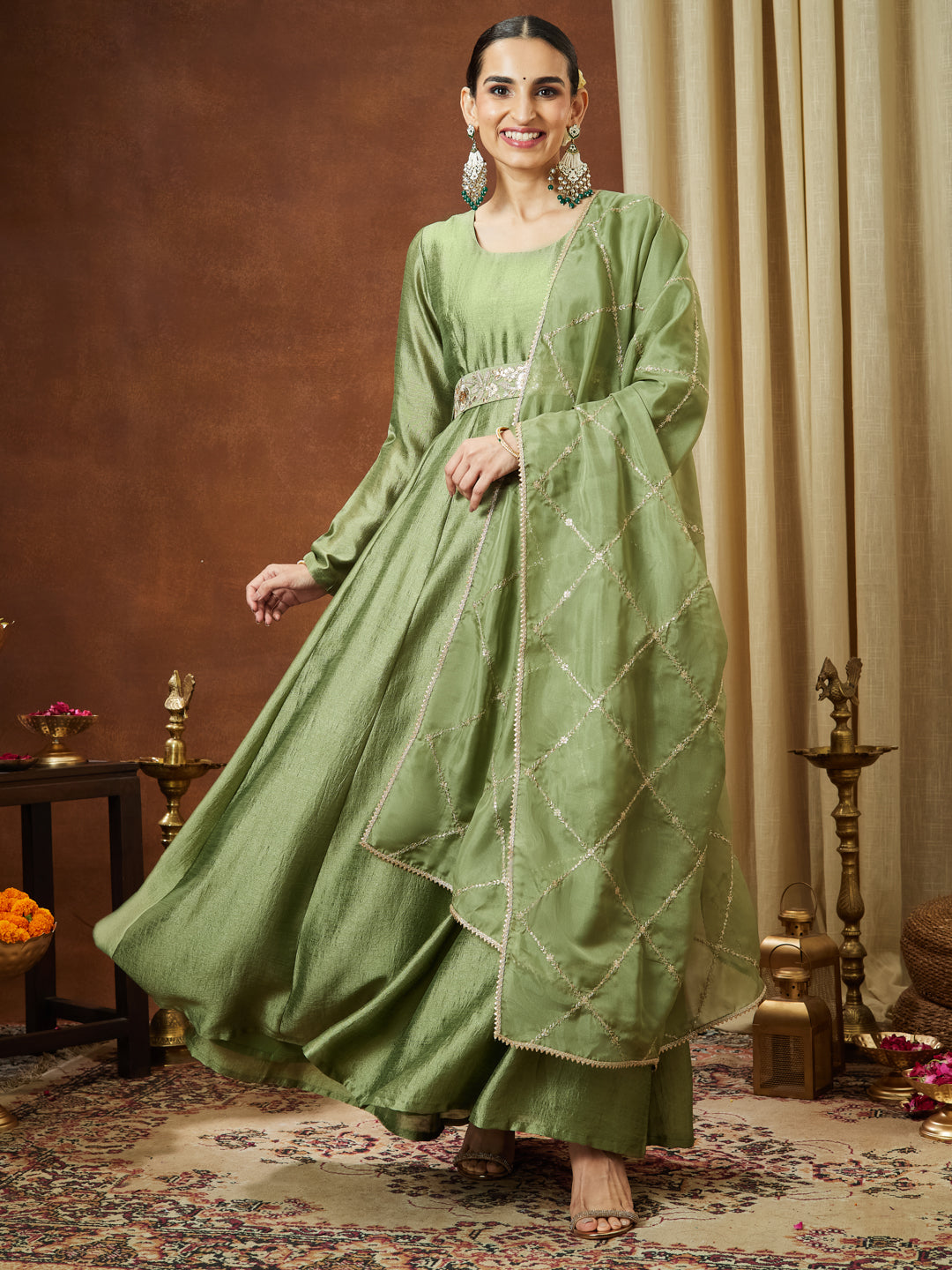 Naari By Shree Women's Sage Green Silk Blend Flared Gown With Embellished Belt