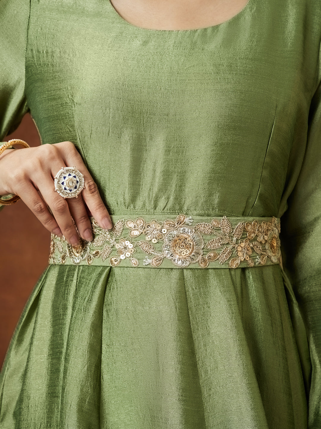 Naari By Shree Women's Sage Green Silk Blend Flared Gown With Embellished Belt