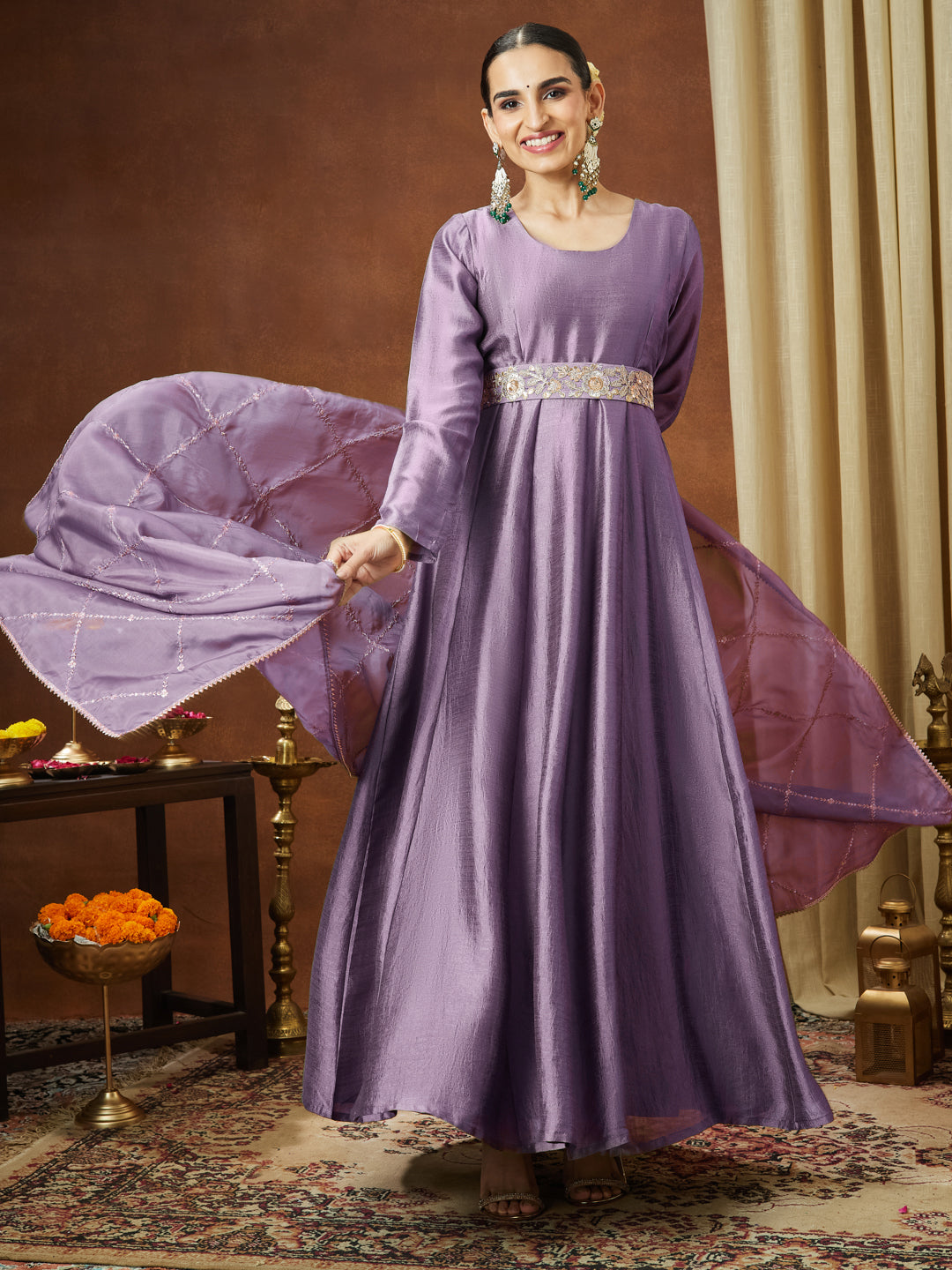 Naari By Shree Women's Lavender Silk Blend Flared Gown With Embellished Belt