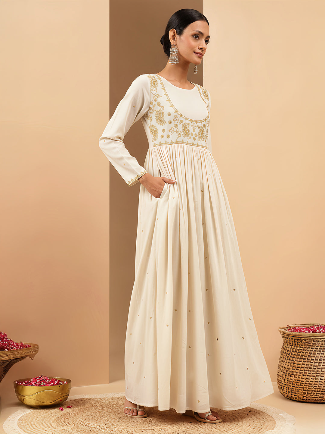 Naari By Shree Women's Off White Soft Pure Cotton Zari Embroidered Anarkali Gathered Gown