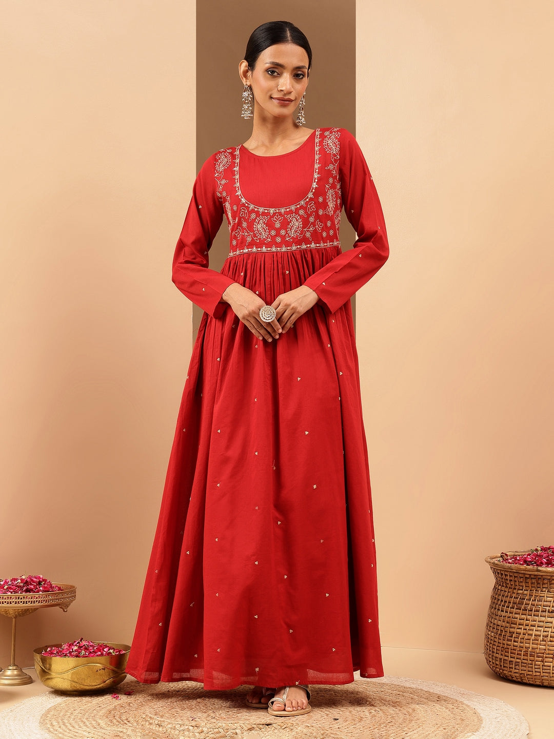 Naari By Shree Women's Maroon Soft Pure Cotton Zari Embroidered Anarkali Flared Gown