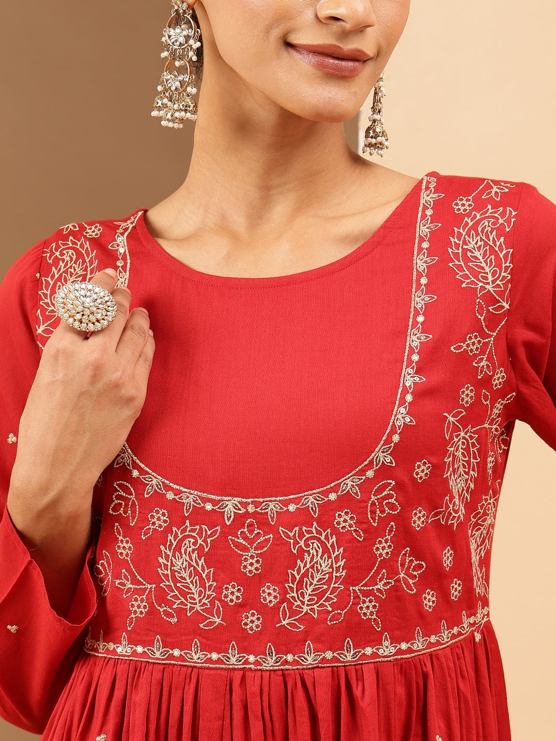 Naari By Shree Women's Maroon Soft Pure Cotton Zari Embroidered Anarkali Flared Gown