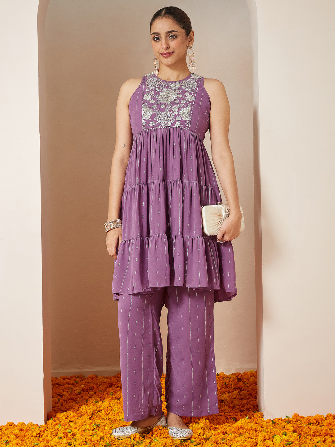 Naari By Shree Women's Lavender Georgette Embellished Tiered Kurta With Palazzo Set