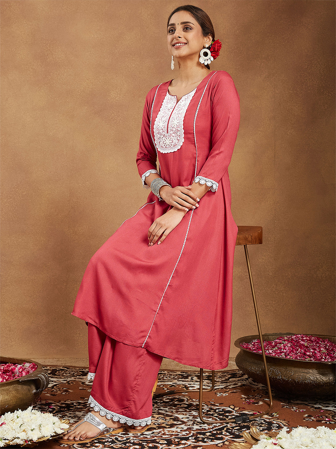 Naari By Shree Women's Rust Rayon Yoke Embroidered A-line Kurta With Palazzo Set