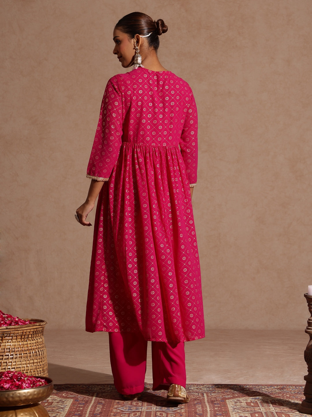 Naari By Shree Women's Pink Georgette Foil Printed Embellished A-line Front-open Kurta With Palazzo Set