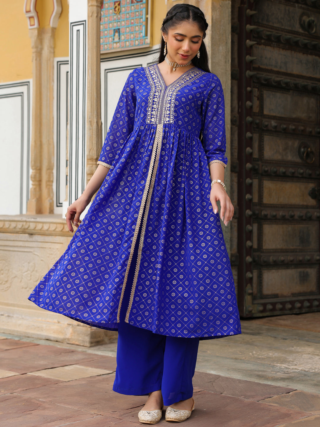 Naari By Shree Women's Royal Blue Georgette Foil Printed Embellished A-line Front-slit Kurta With Palazzo Set