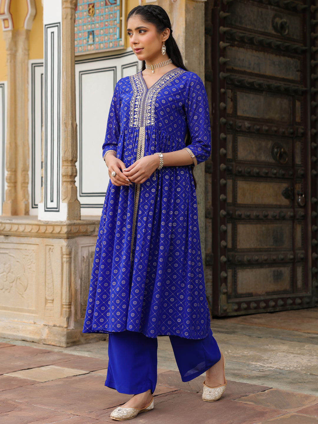 Naari By Shree Women's Royal Blue Georgette Foil Printed Embellished A-line Front-slit Kurta With Palazzo Set