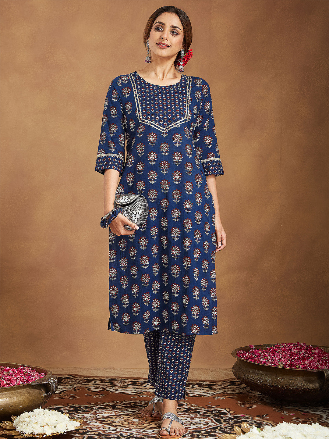 Naari By Shree Women's Dark Blue Pure Cotton Floral Printed Straight Kurta Pant Set