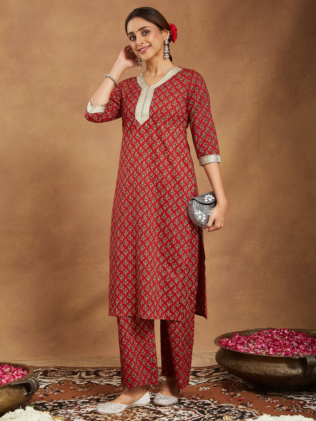Naari By Shree Women's Maroon Pure Cotton Embellished Floral Printed Straight Kurta With Pant Set